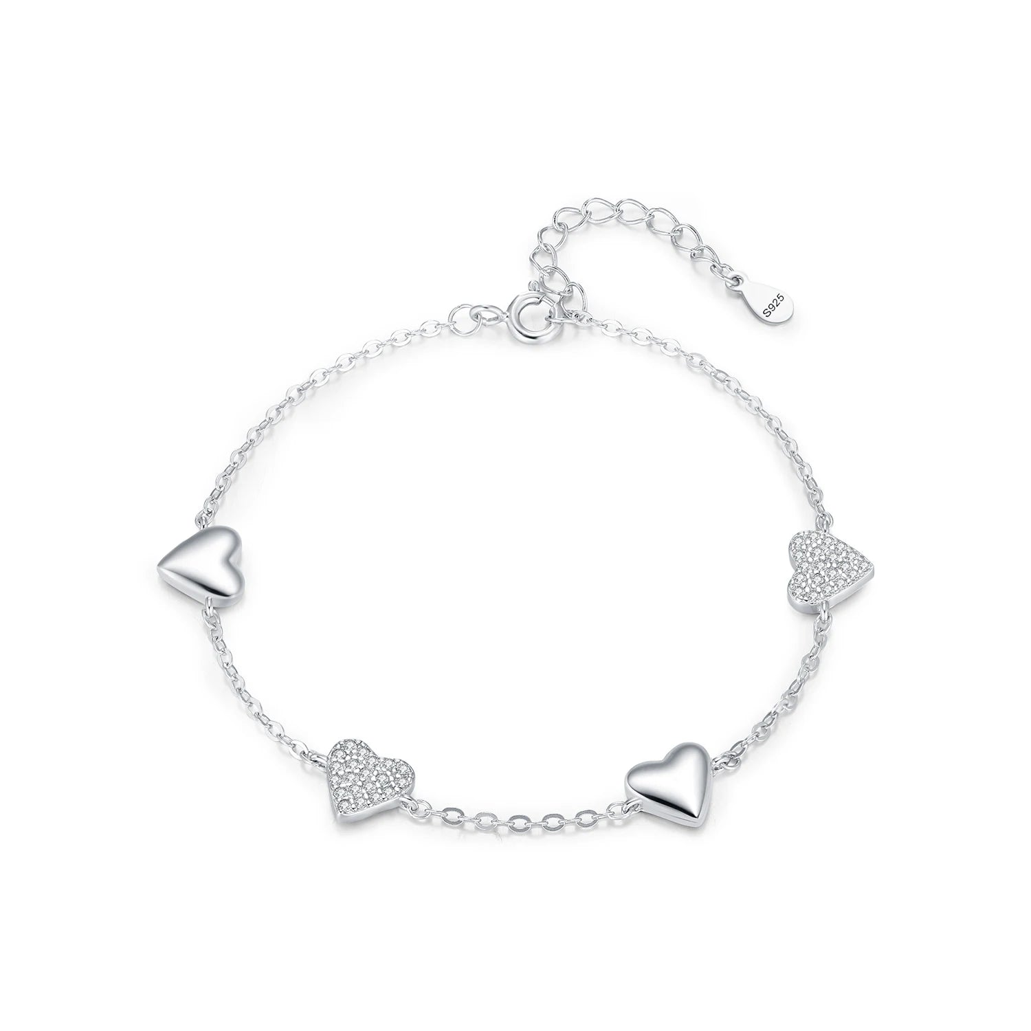 Mirror hearts charm bracelet in 925 sterling silver