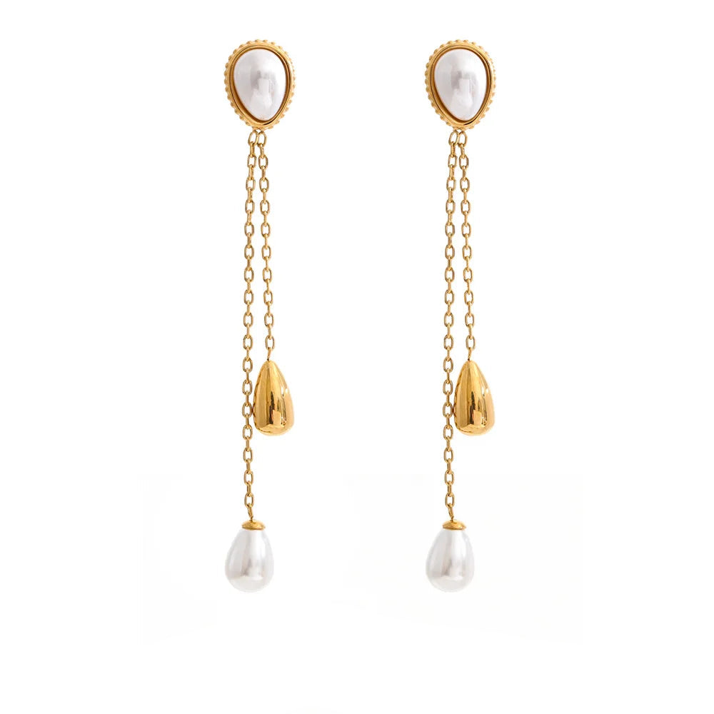 Pearl water drop long chain drop earrings gold plated for women