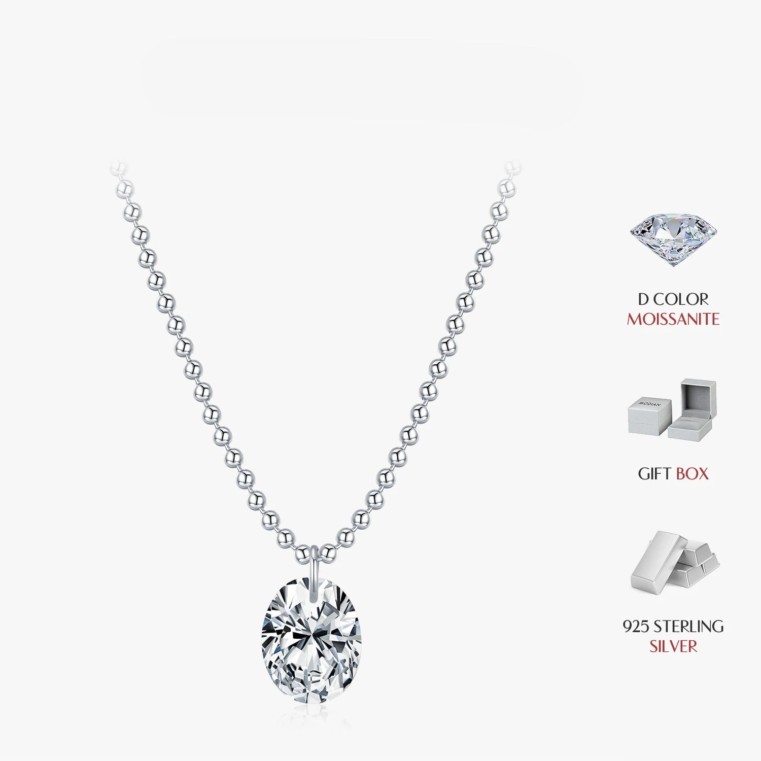 925 silver chain necklace with radiant oval moissanite pendant
