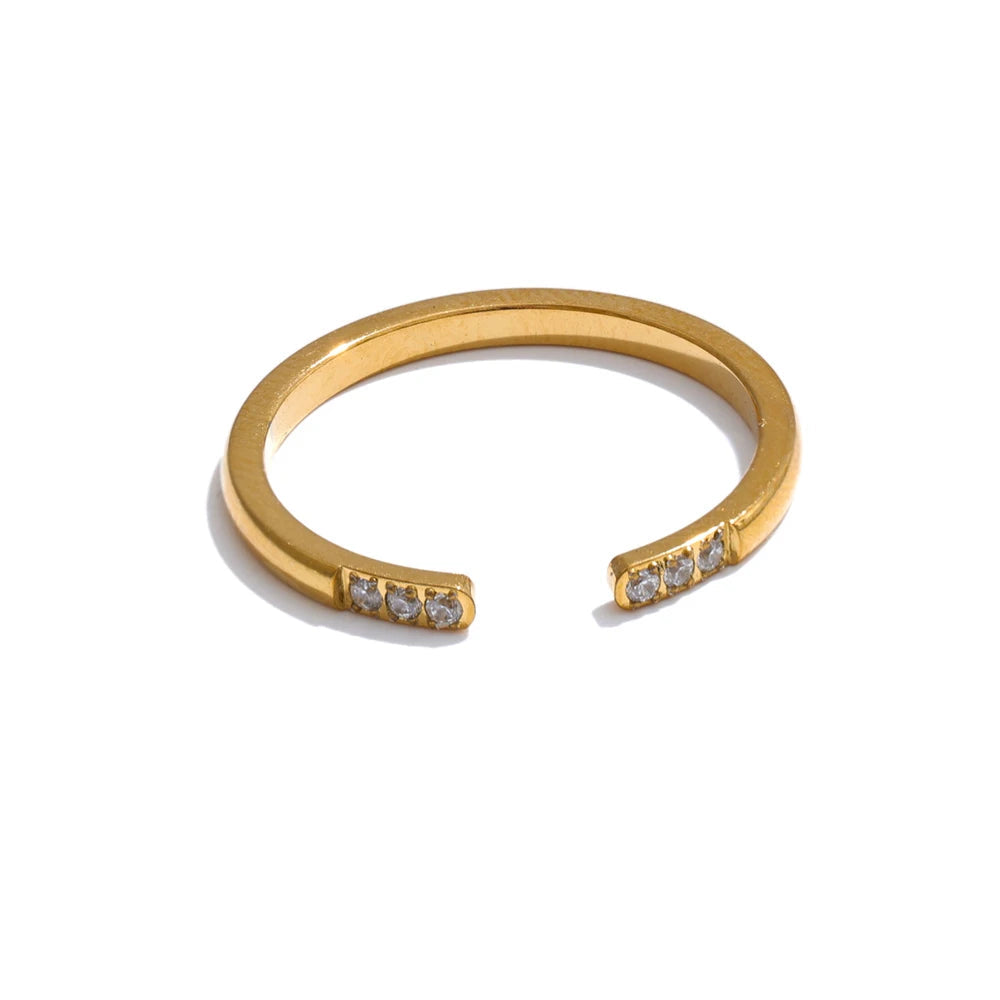Adjustable thin open ring with zirconia in gold and platinum plated stainless steel jewelry