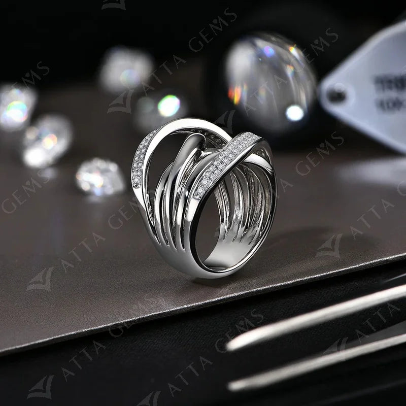Rings with moissanite design in an elegant crossover ring shape