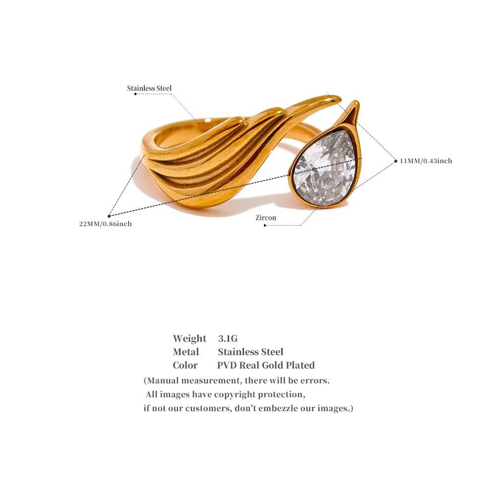 Waterproof jewelry gold ring in feather and zirconia design