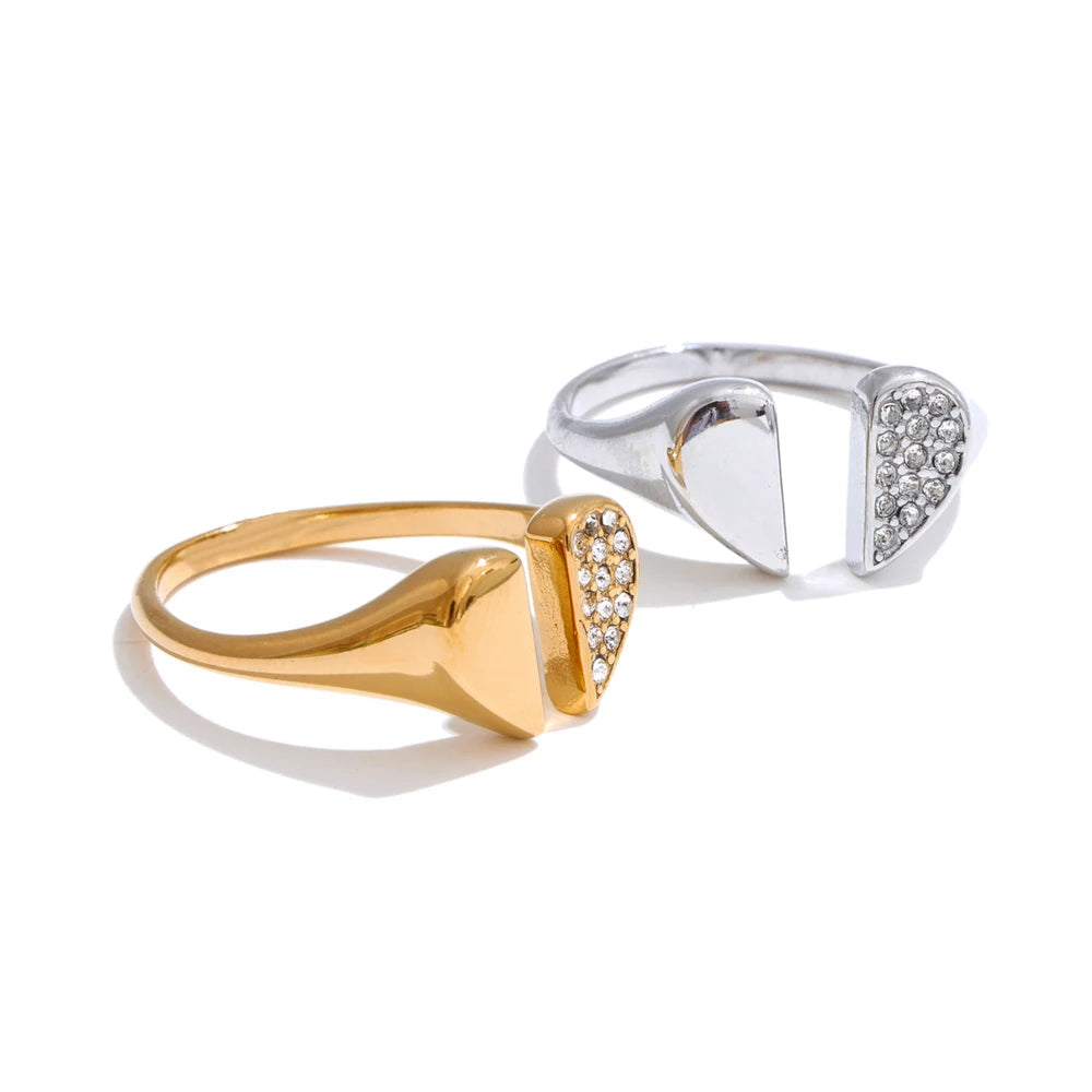 Adjustable heart love open ring with cubic zirconia in gold plated stainless steel jewelry