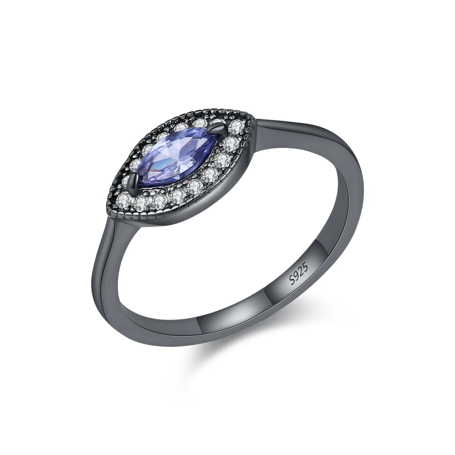 Sterling rings tanzanite-color eye accent on black band