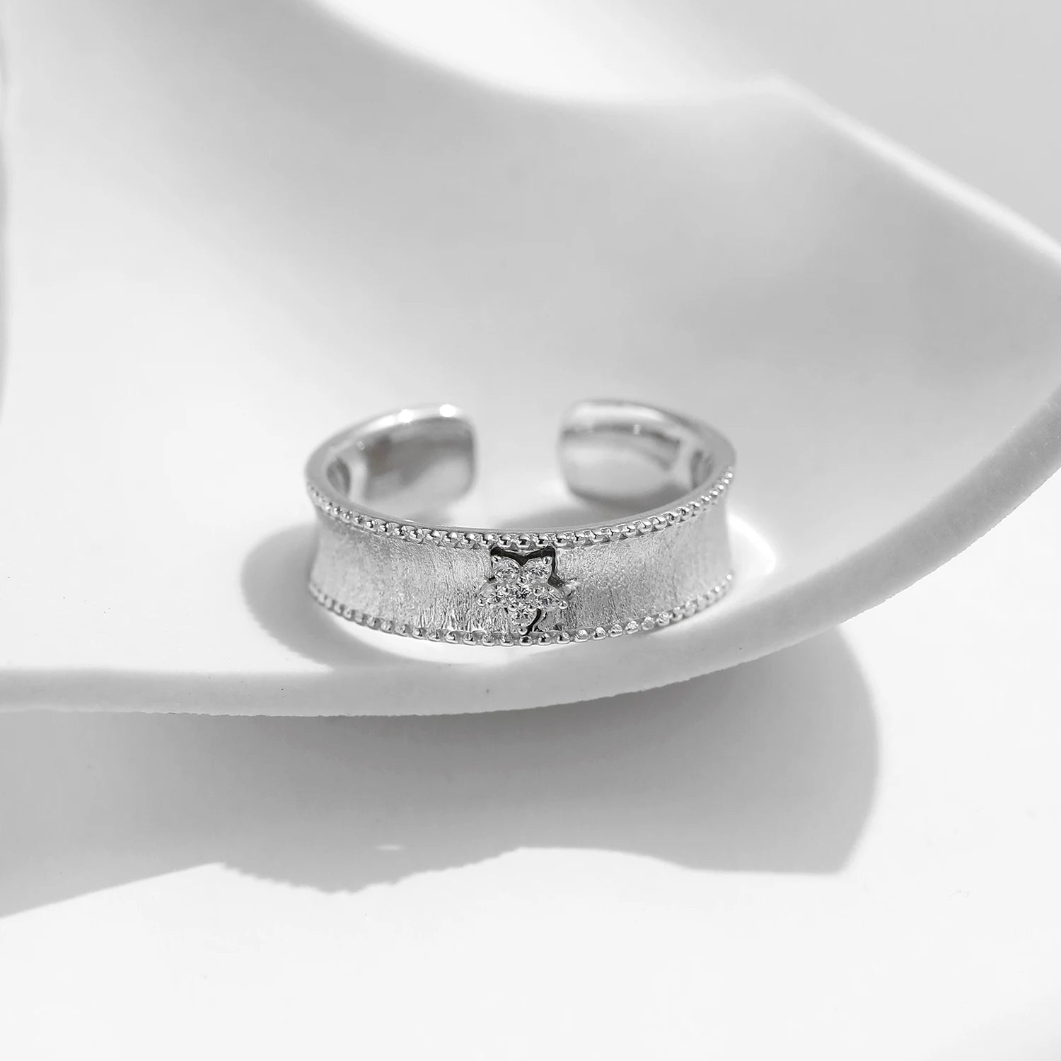 Flower ring sterling silver band scrub flower detail