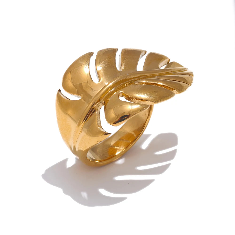 Gold ring leaf design in stainless steel open style
