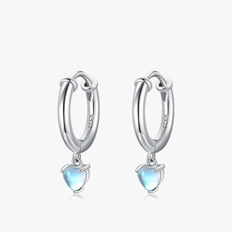 Sterling silver hoop earrings with heart moon stone detail