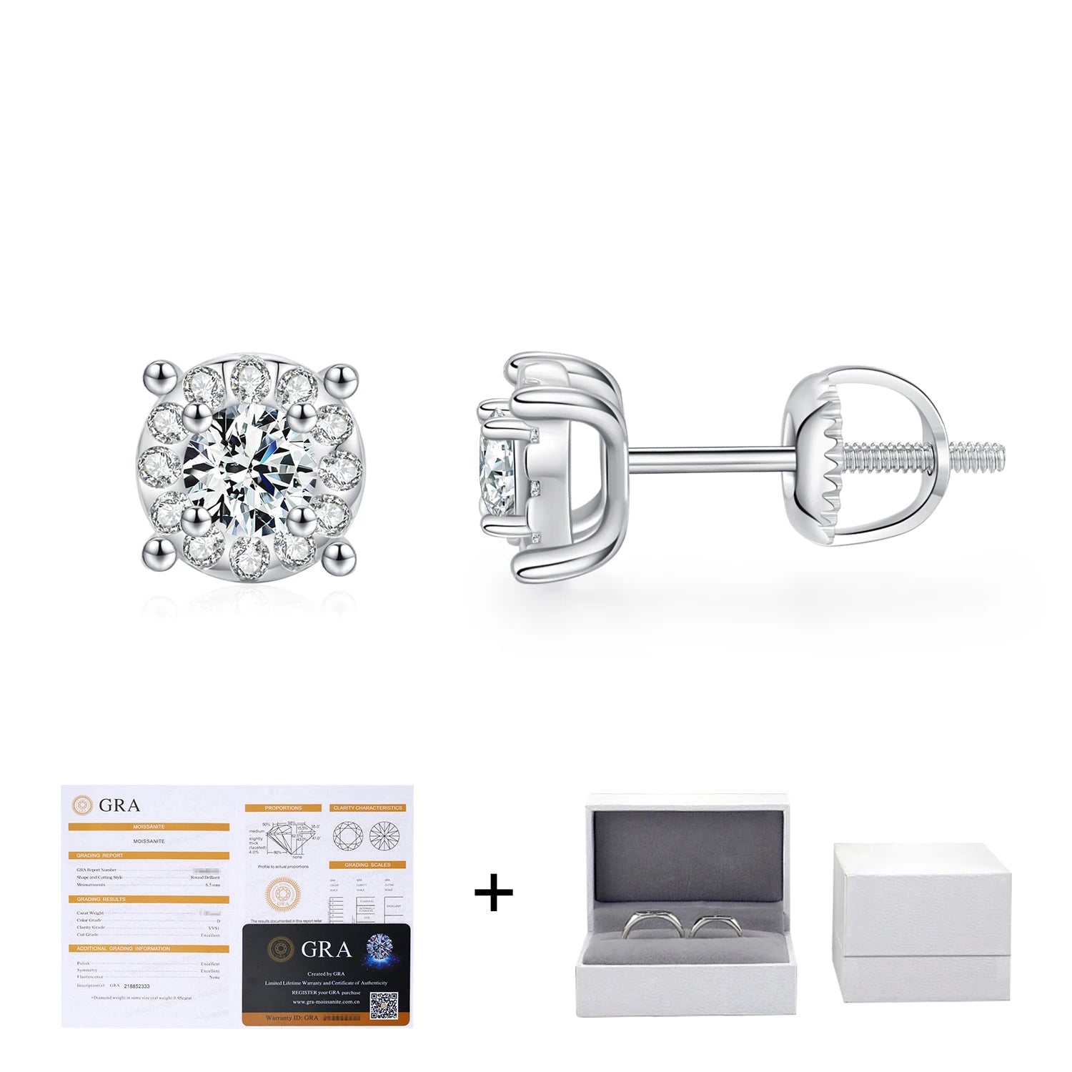 Macro sparkle of moissanite diamond on classic stud earrings