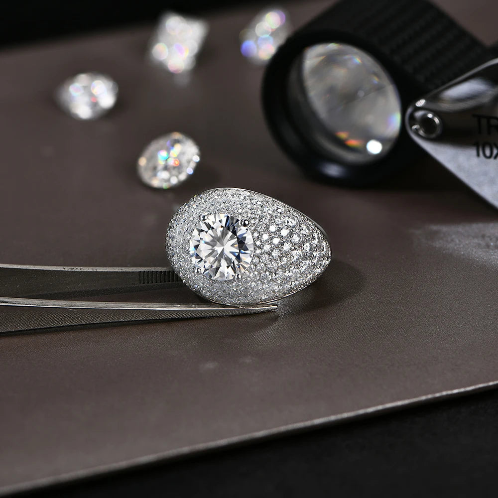 Ring with size fixed sterling silver band and moissanite stone