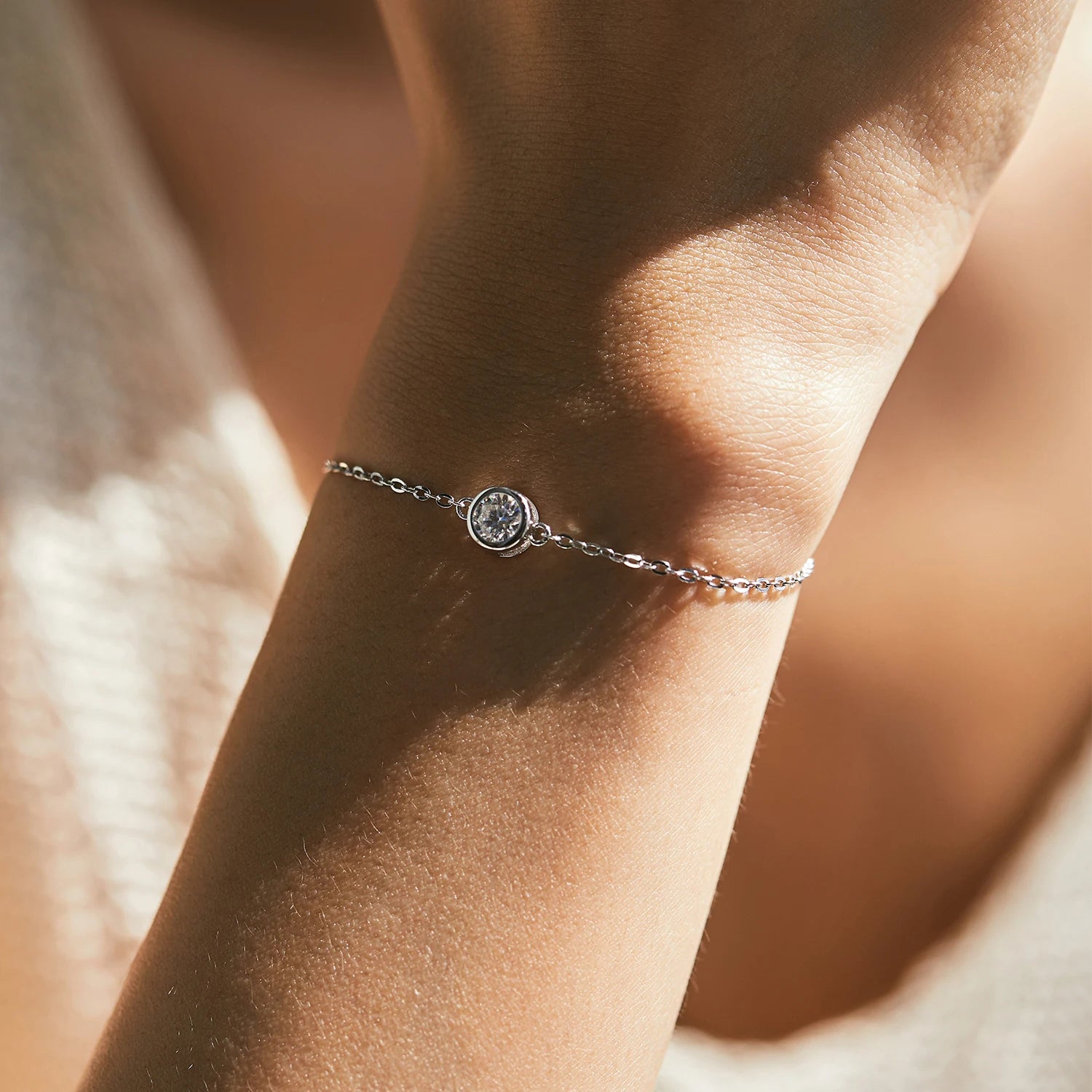 Classic chain bracelet with moissanite jewelry on bright sterling silver