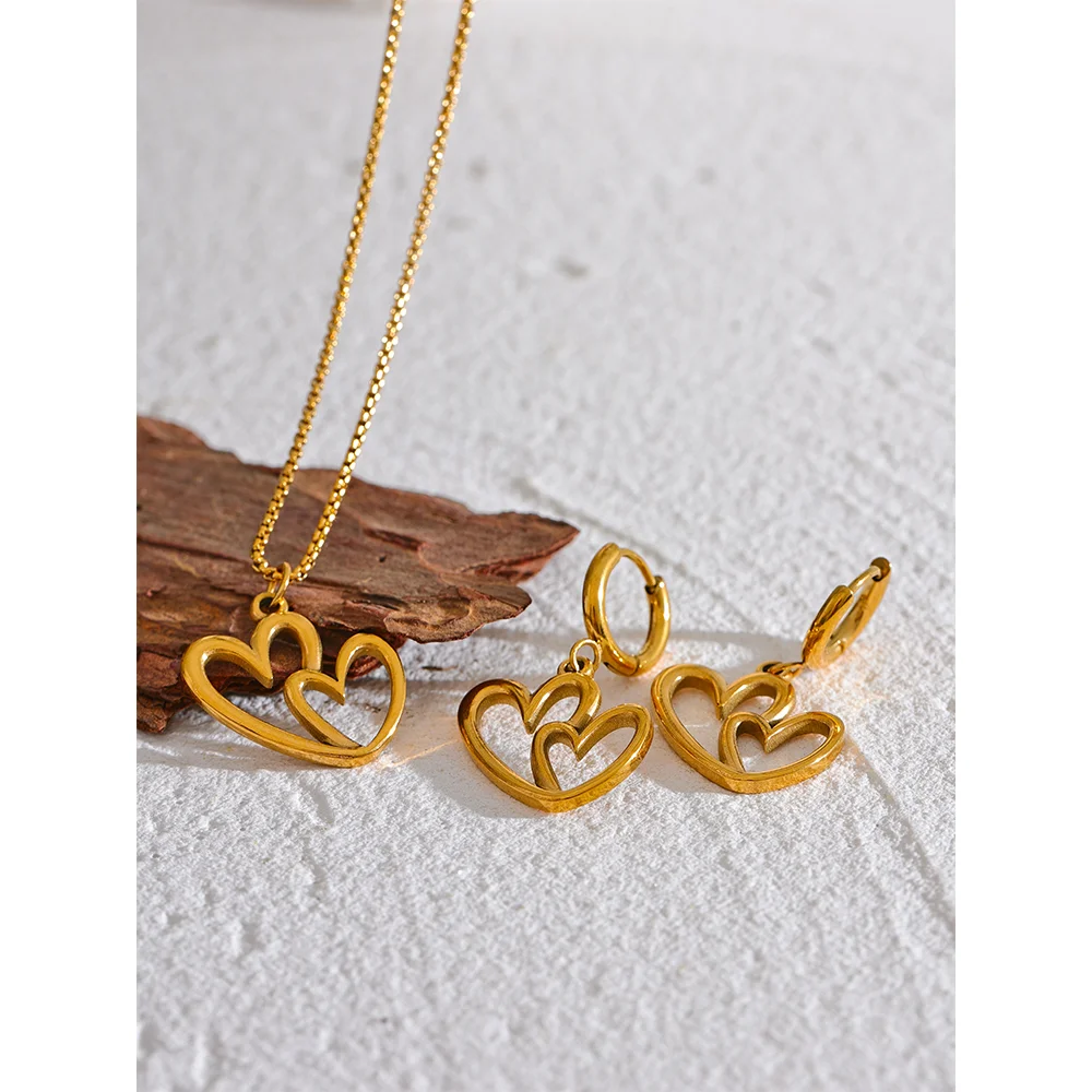 Minimalist gold jewelry earring necklace set with heart charm