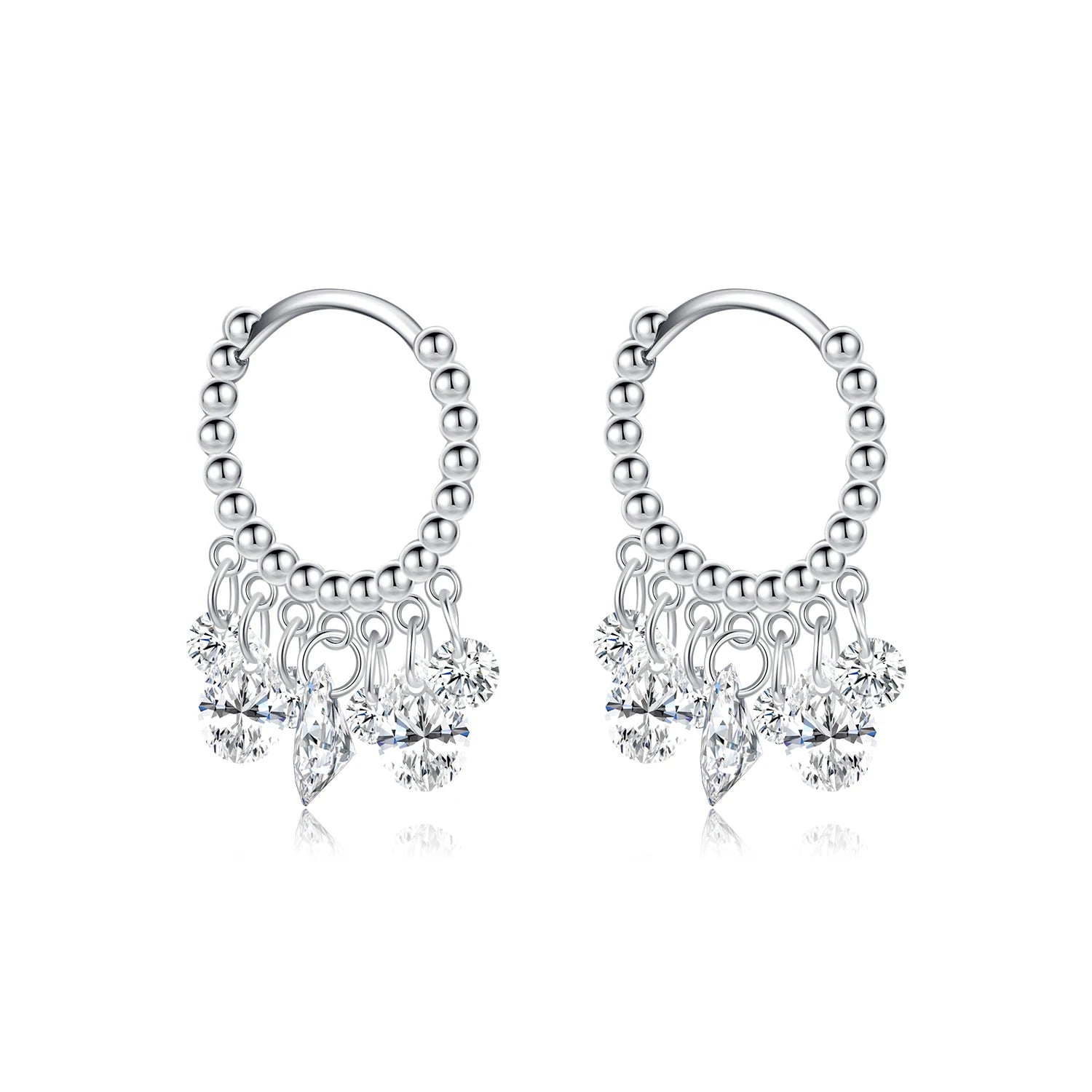 Luxury geometric clear CZ hoop earrings in 925 sterling silver displayed on white