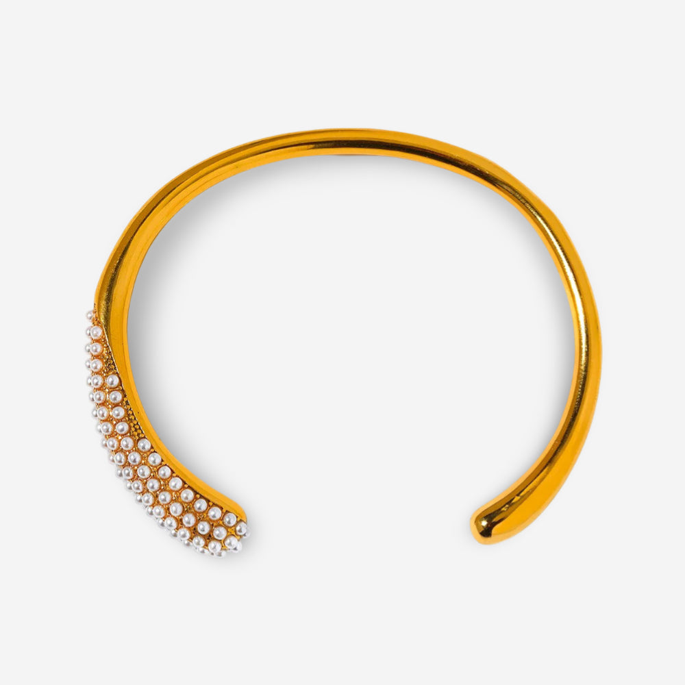 Gold cuff bracelet gold plated with a delicate bracelet pearl accent