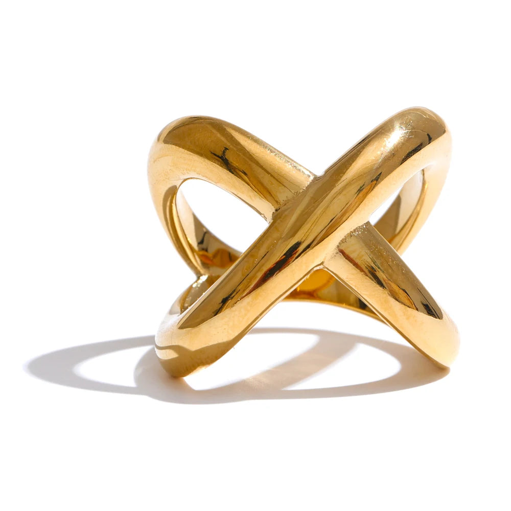 Gold ring with X shape geometric stainless steel design
