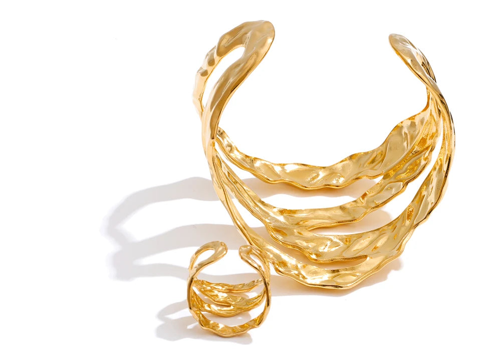 Elegant stainless steel jewelry bracelet and matching ring detail