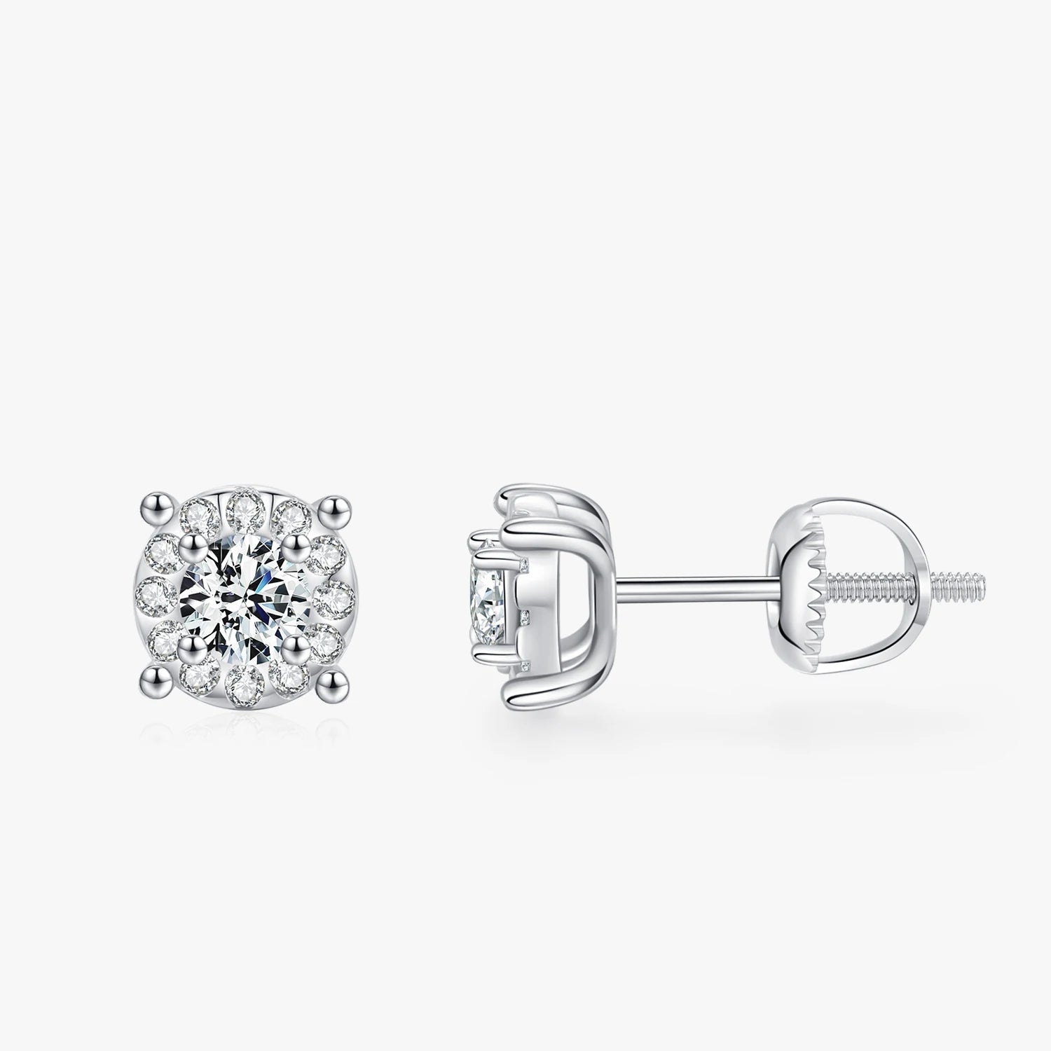 Round cut moissanite diamond stud earrings in polished sterling silver
