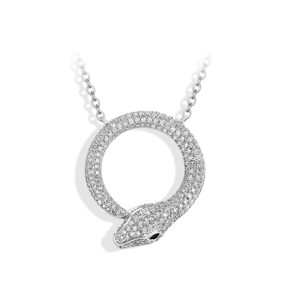 Silver snake-shaped pendant necklace on a white background