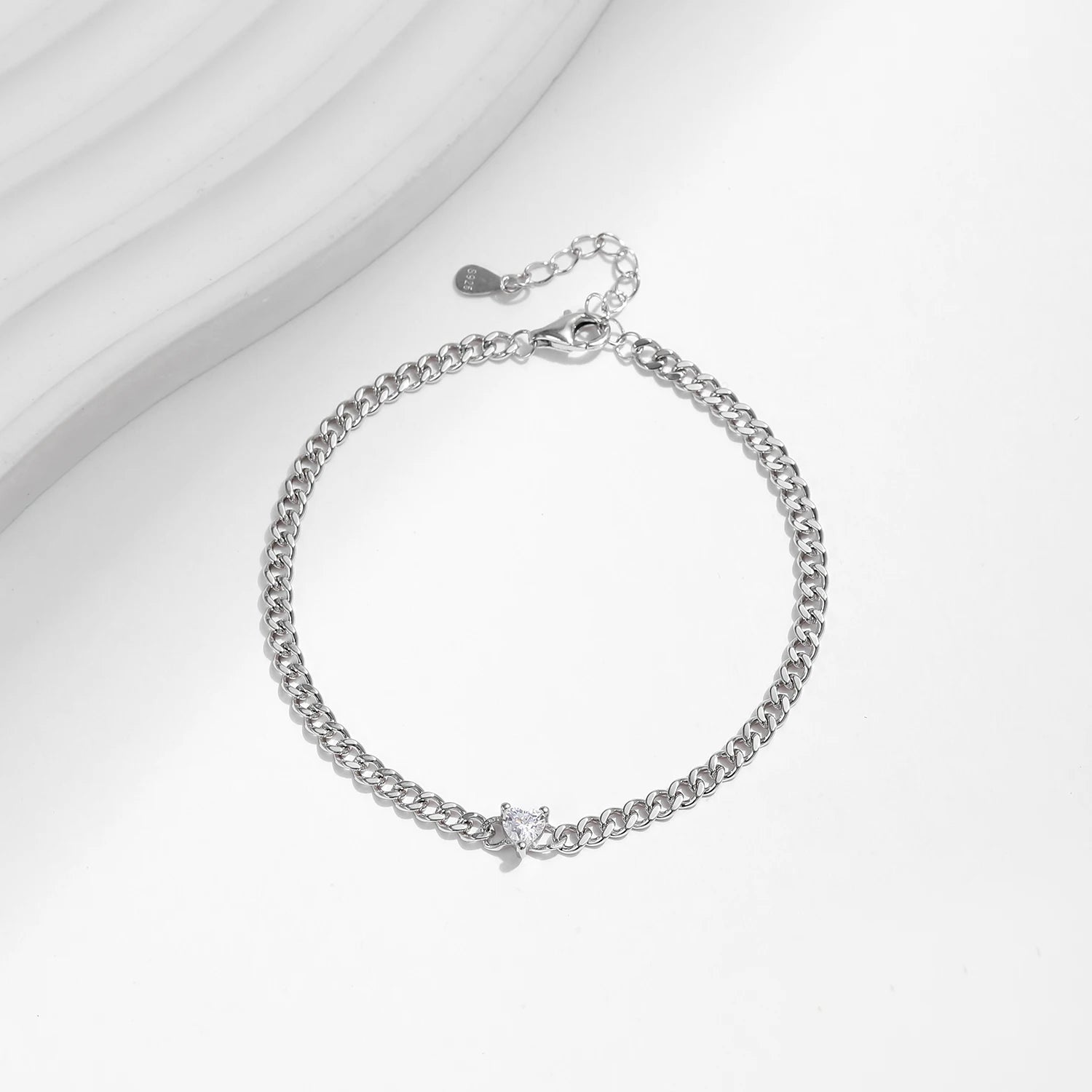 Elegant chain bracelet with heart cz set in 925 sterling silver
