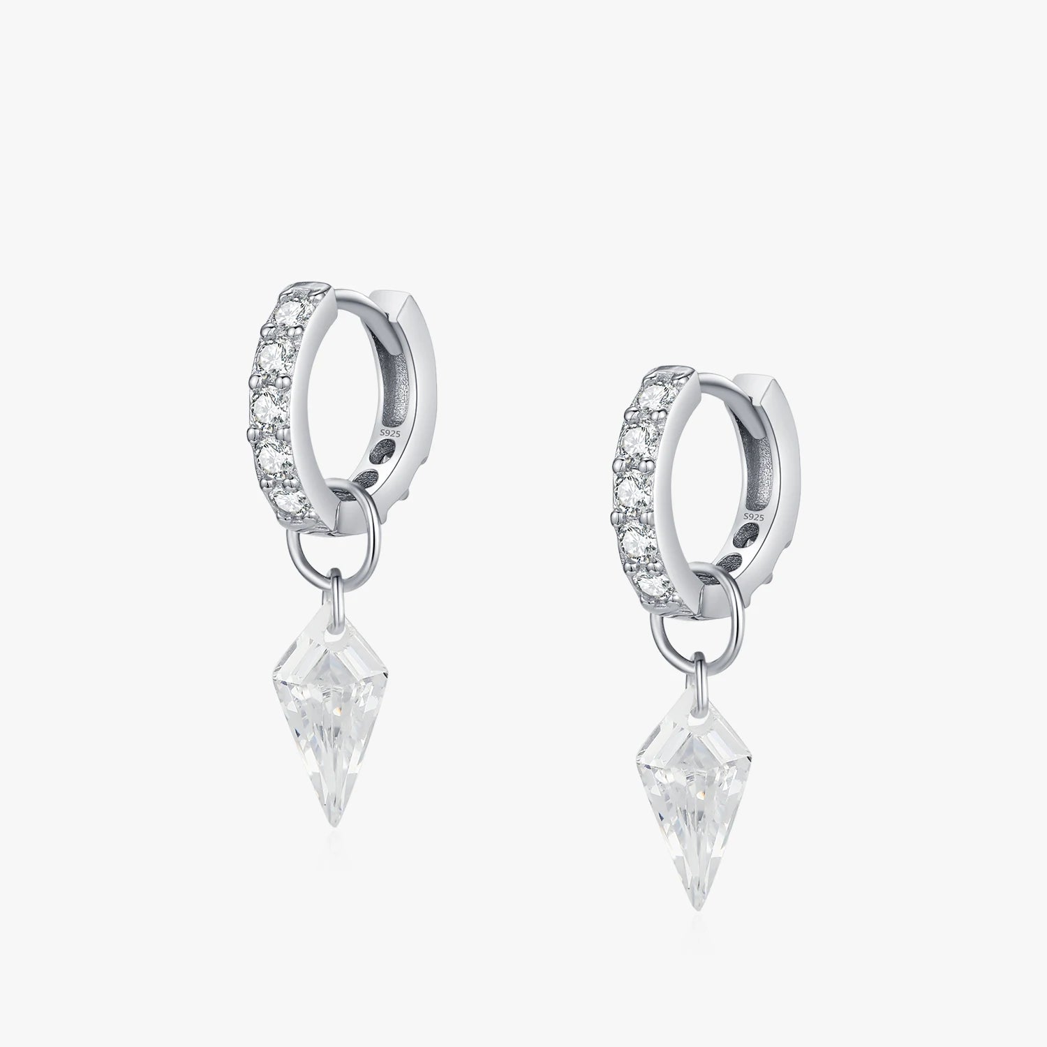Pair of sterling silver hoop earrings photographed to highlight cz and rhombic design