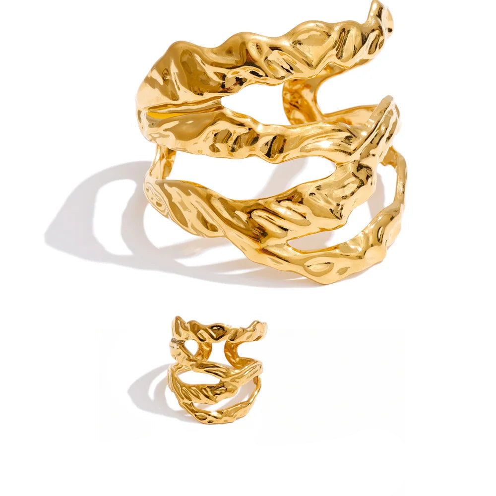 Gold plated layered wide bracelet and ring set in stainless steel