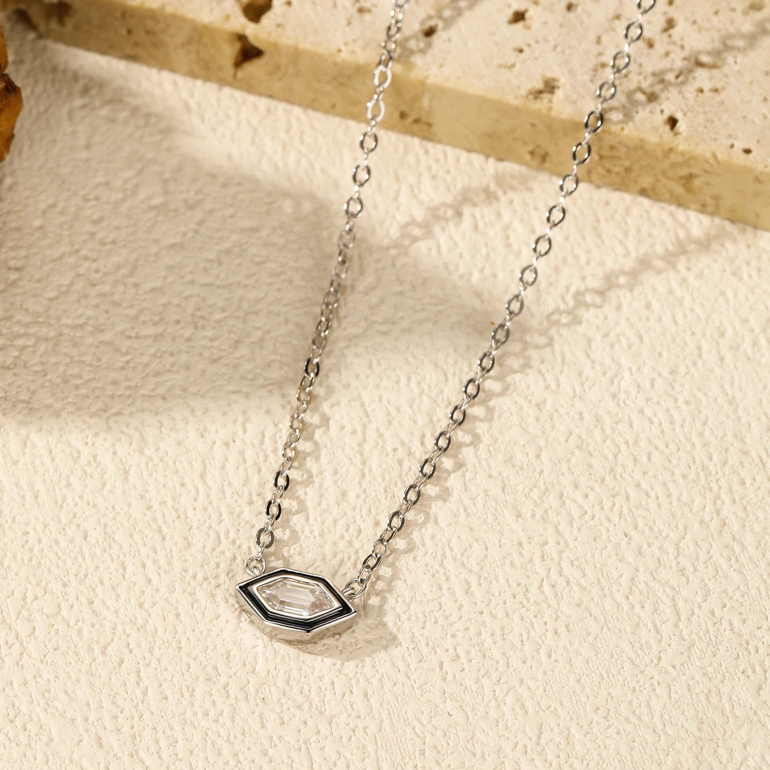 Sterling silver necklace black enamel contrasting with zirconia