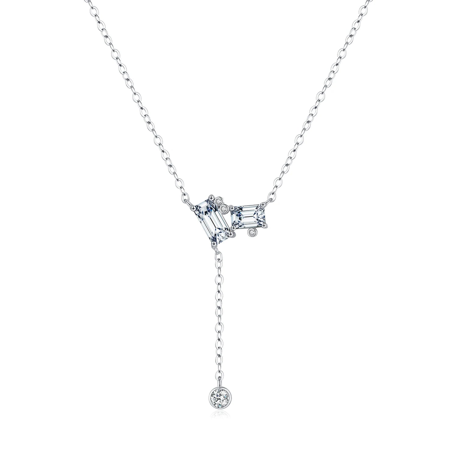 Rectangle clear CZ pendant and link chain in sterling silver