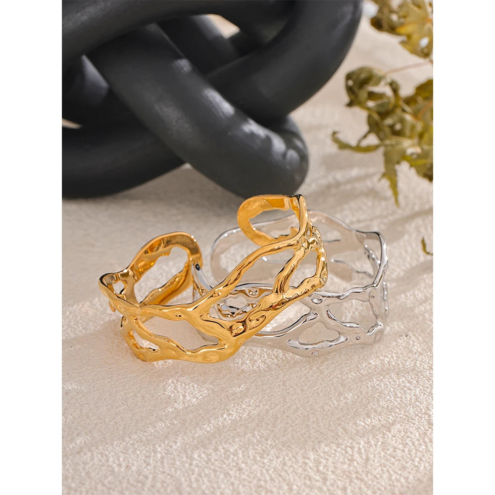 Bangle bracelet profile on a gold cuff bracelet in cuff bracelet in gold finish