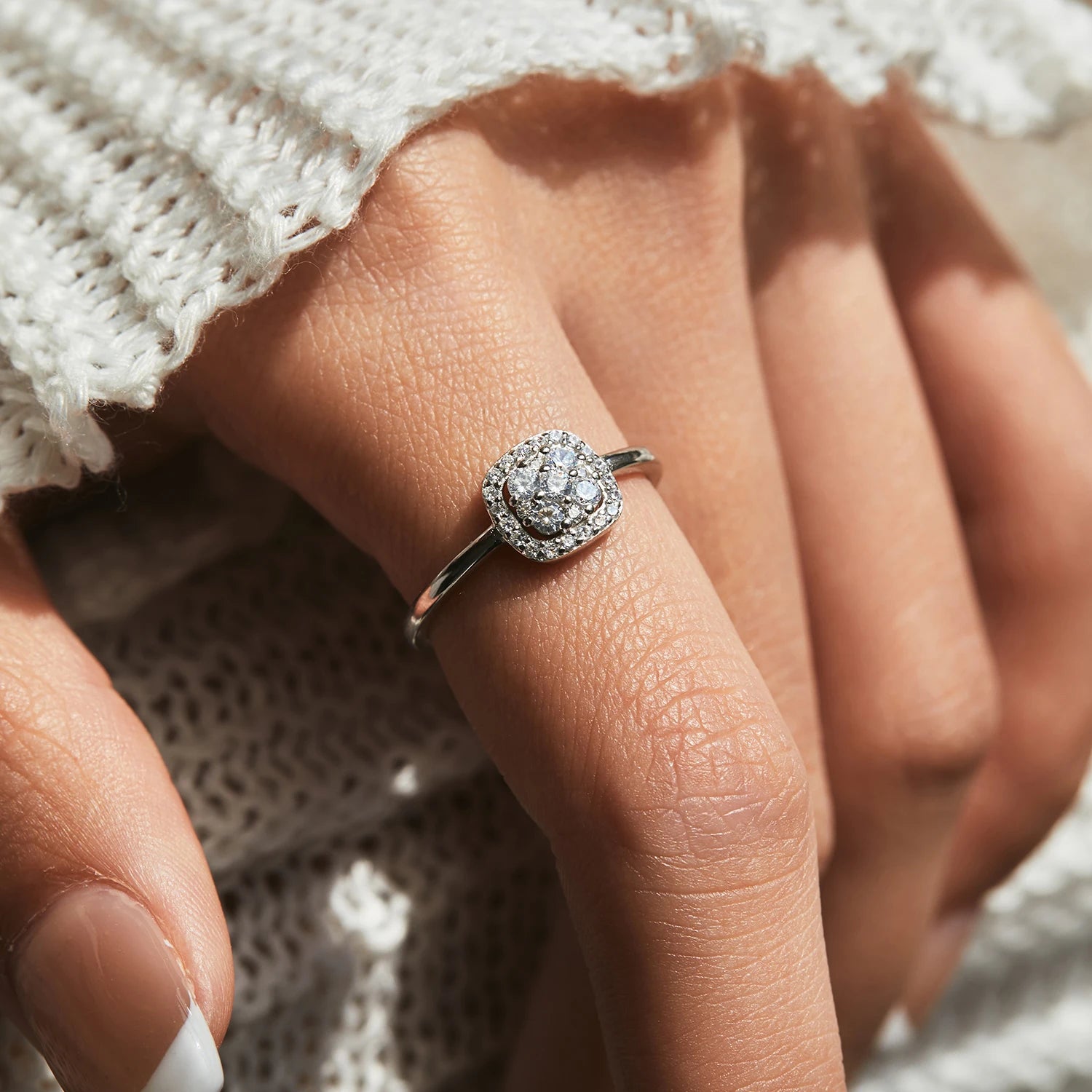 Elegant wedding ring photographed as a moissanite ring with vvs1 sparkle