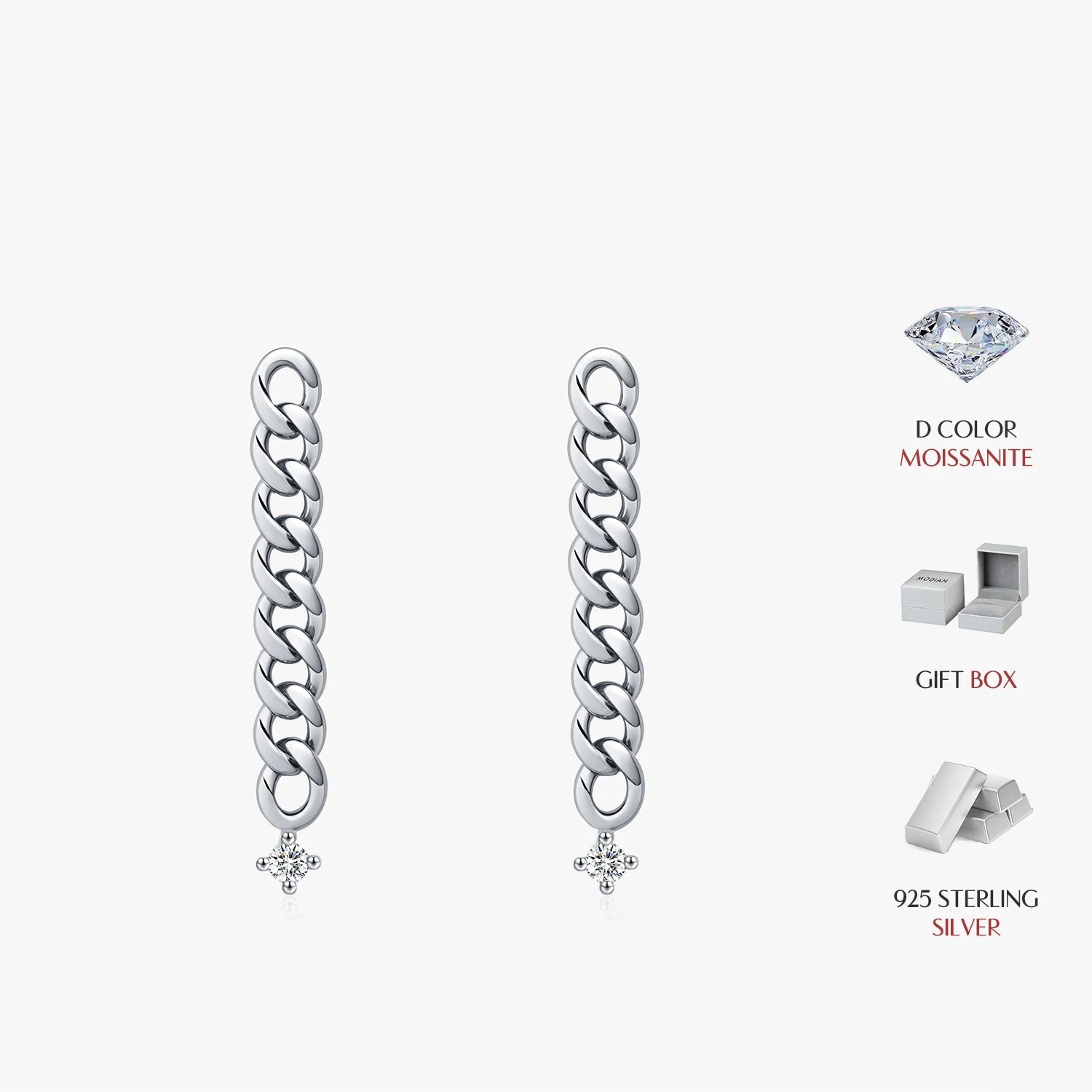 Sterling silver studs with link-chain drop and moissanite sparkle