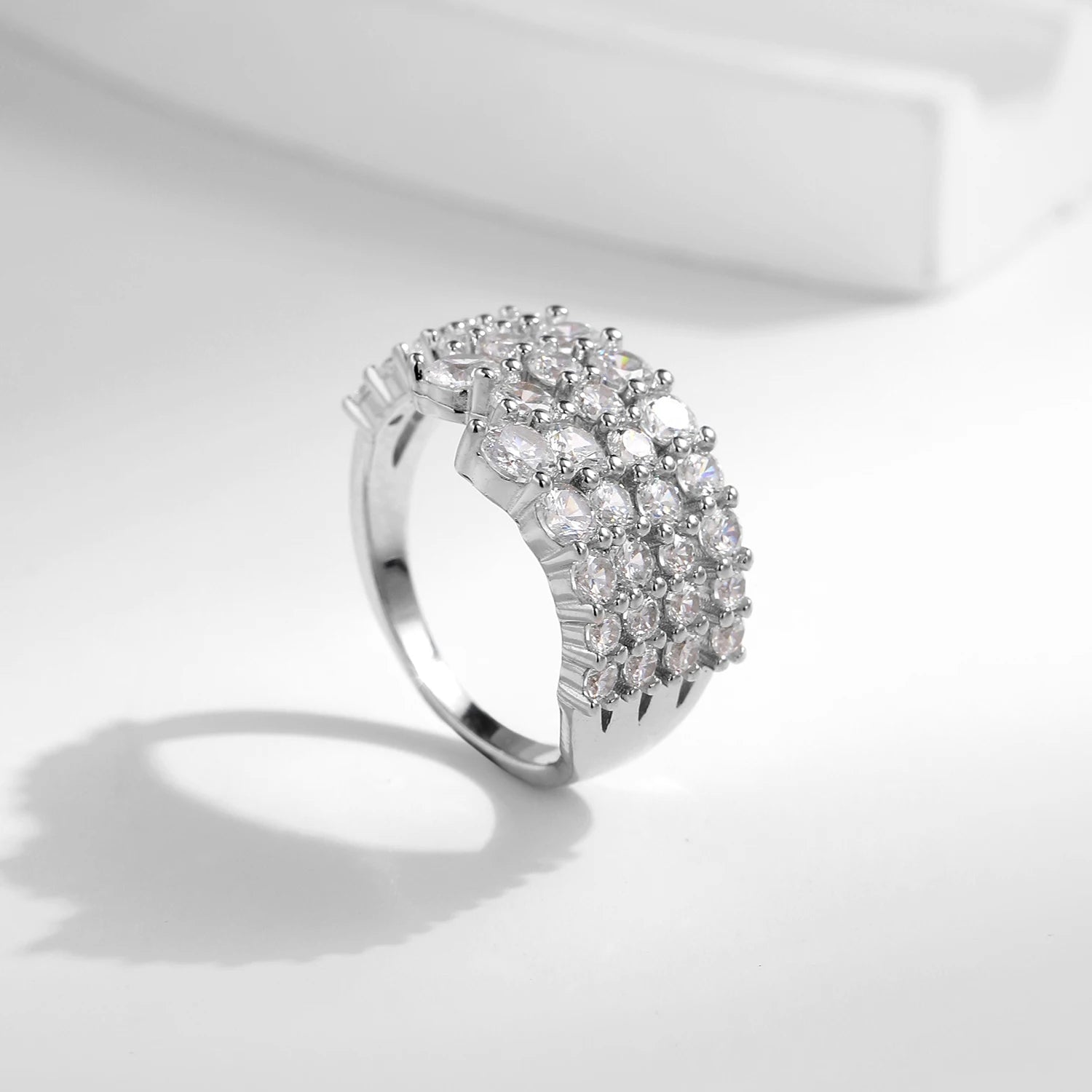 Close view of CZ stones on a 925 sterling silver wedding ring ring style
