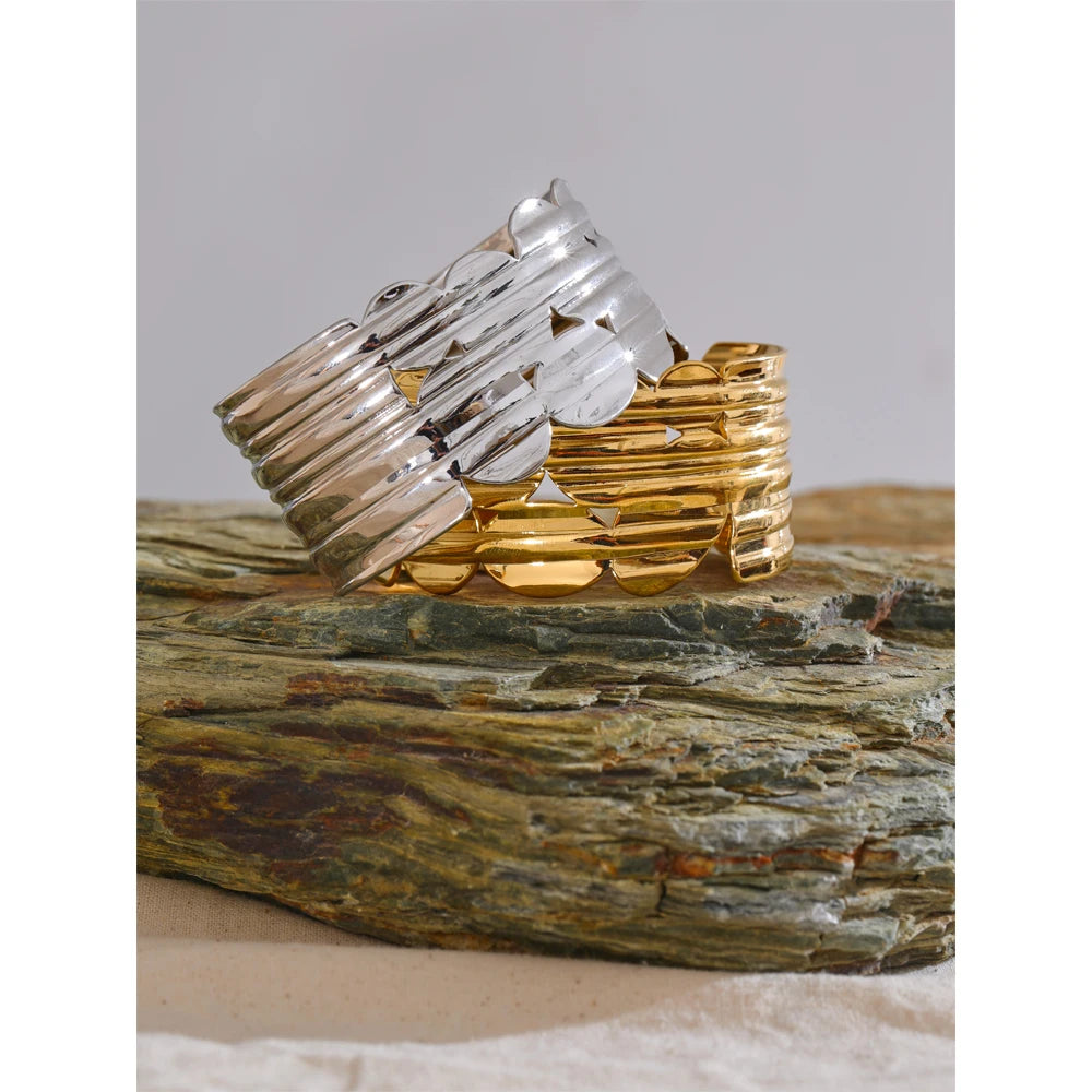 Minimal gold cuff pictured as a bracelet for gold layering