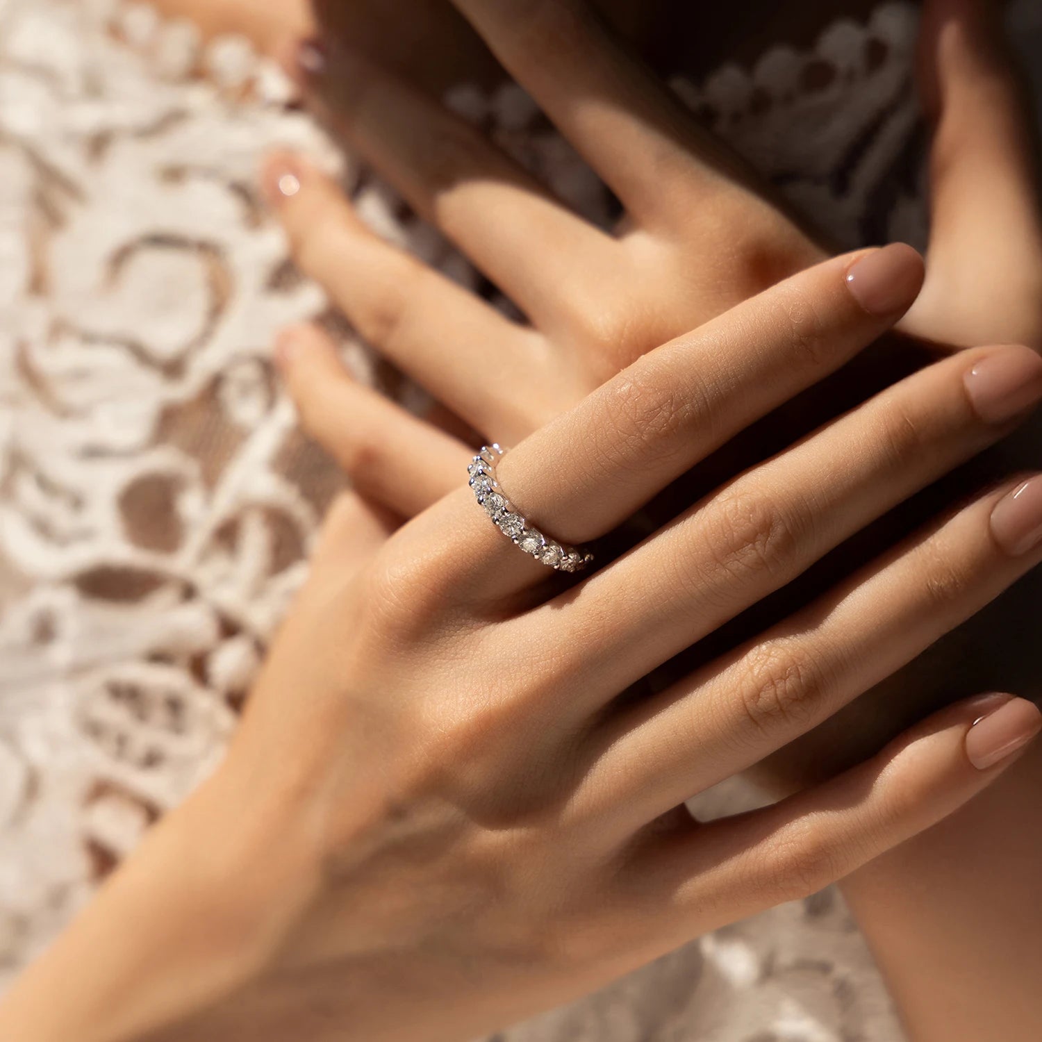 D color moissanite eternity band ring in sterling silver