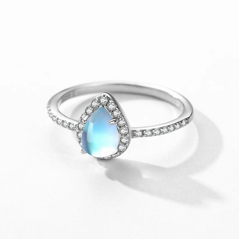 Celestial water drop moonstone ring shimmering CZ stones
