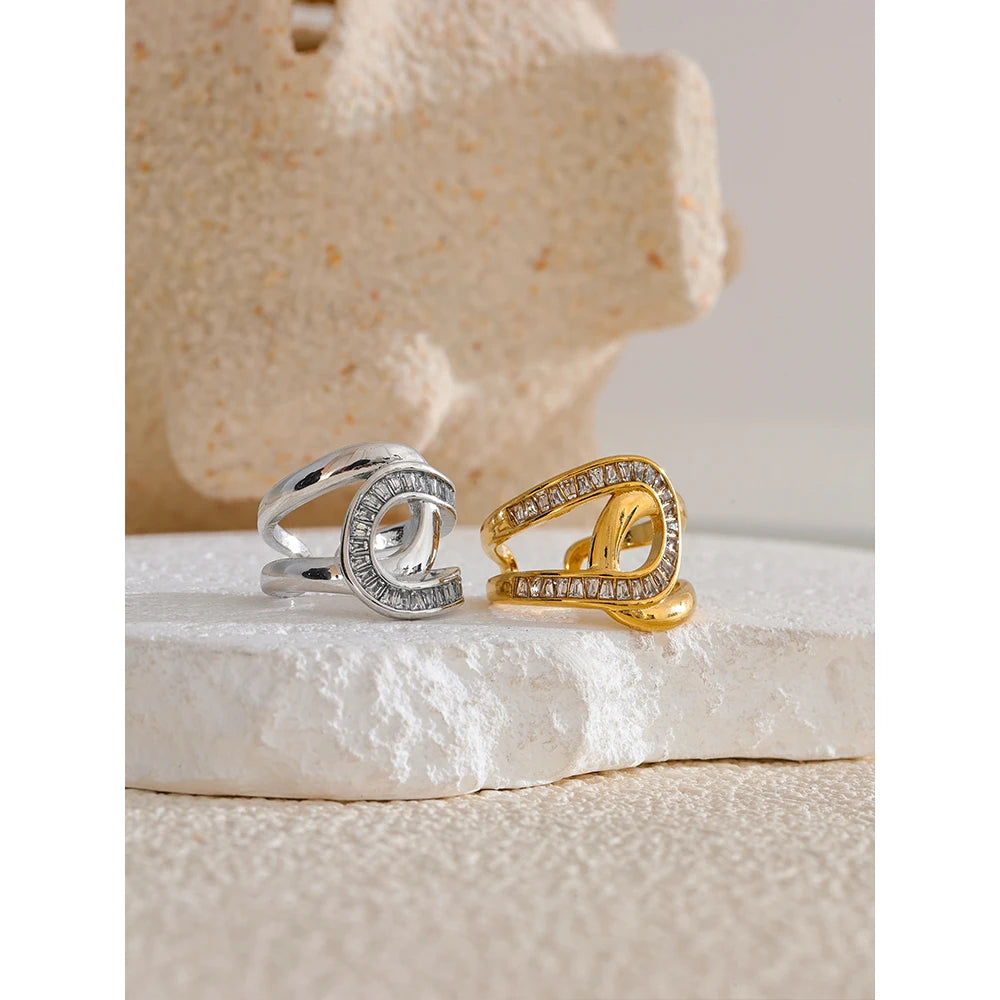 Fashion stainless steel ring with open band and cz stones