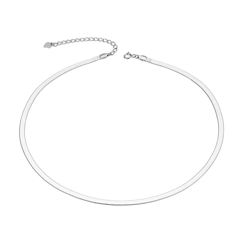 A sterling silver snake chain choker necklace with an adjustable clasp.