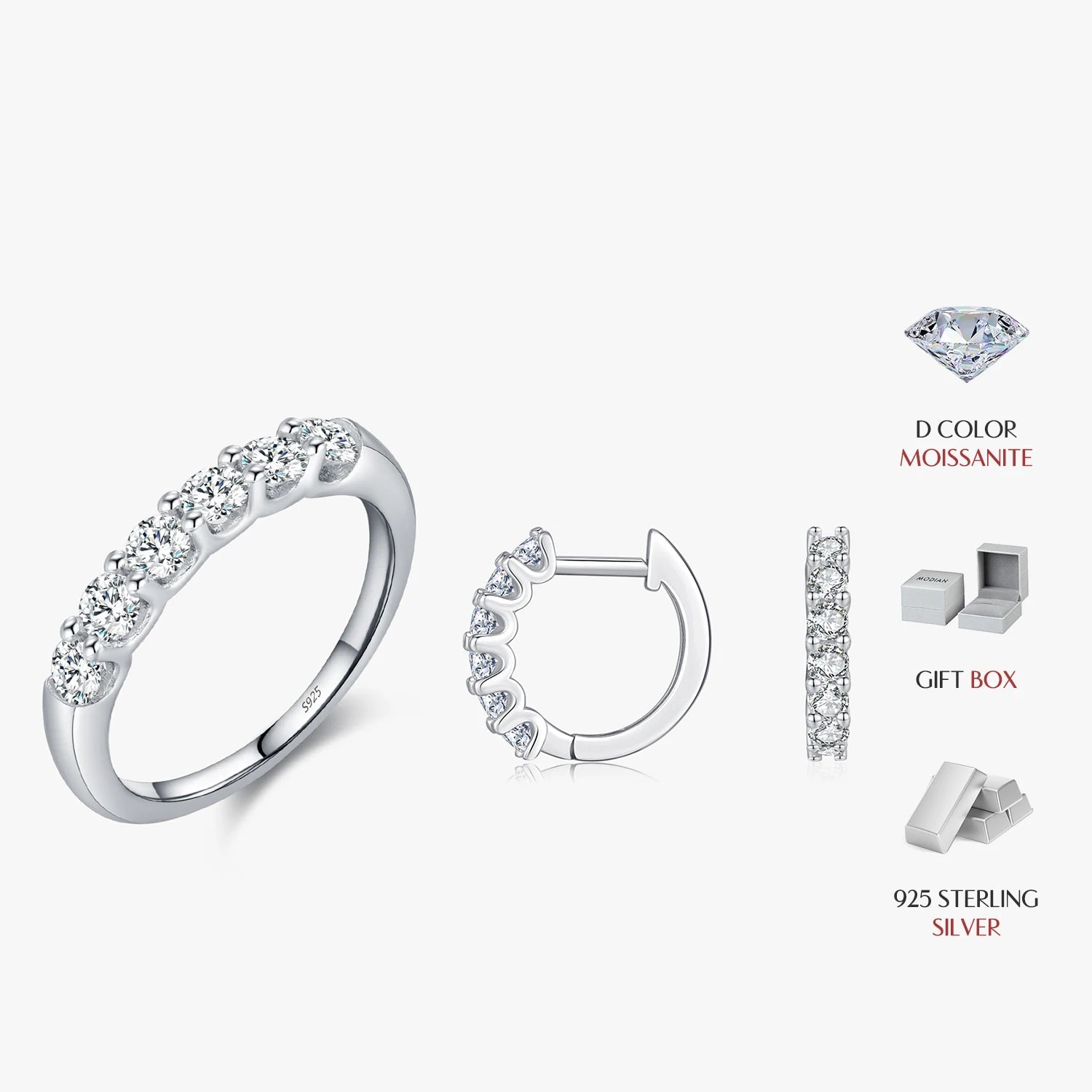 Close up of ring moissanite beside hoop earrings for a refined look