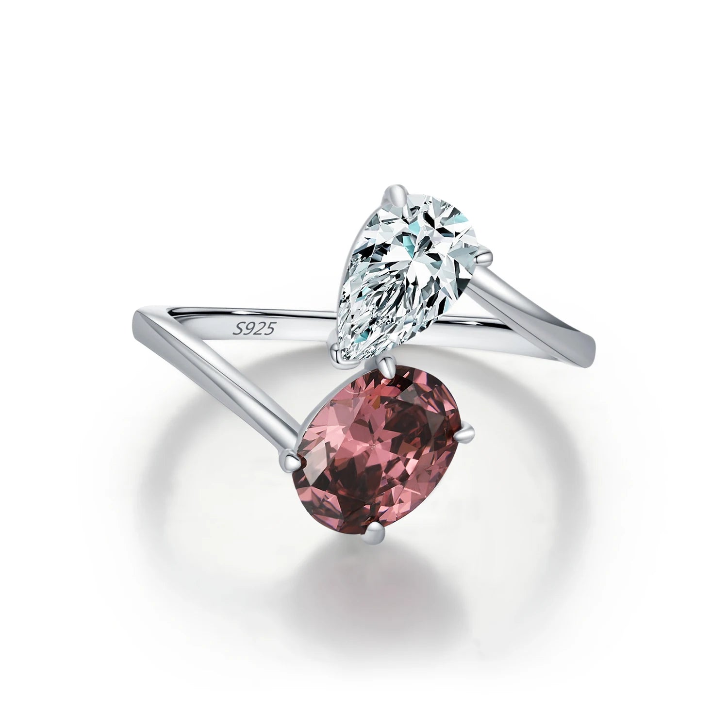 Model wearing the oval ring showcasing the silver color and zircon ring brilliance