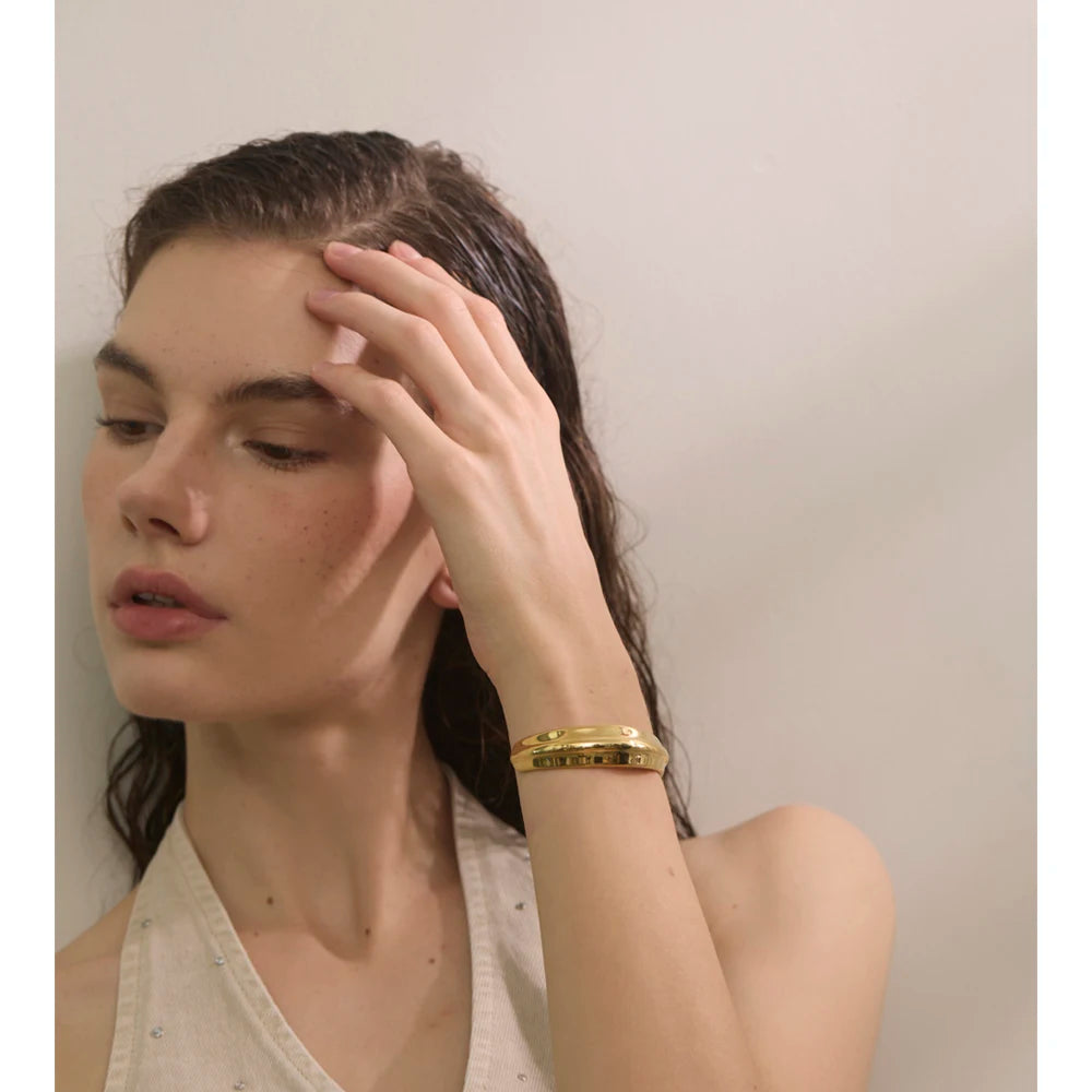 stainless steel gold cuff bangle bracelet with 60mm diameter for modern wrist wear