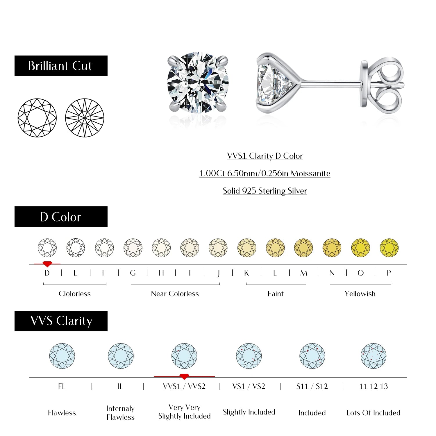 Elegant moissanite earrings paired with silver earrings in a gift box