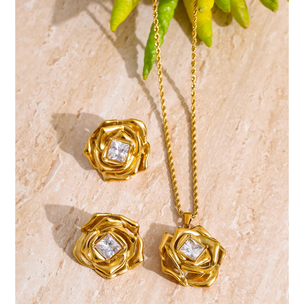 Gold a earrings shown in jewelry set with pendant necklace