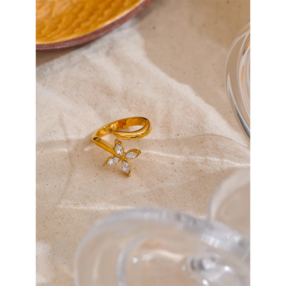 Gold ring with stainless steel adjustable open band flower motif