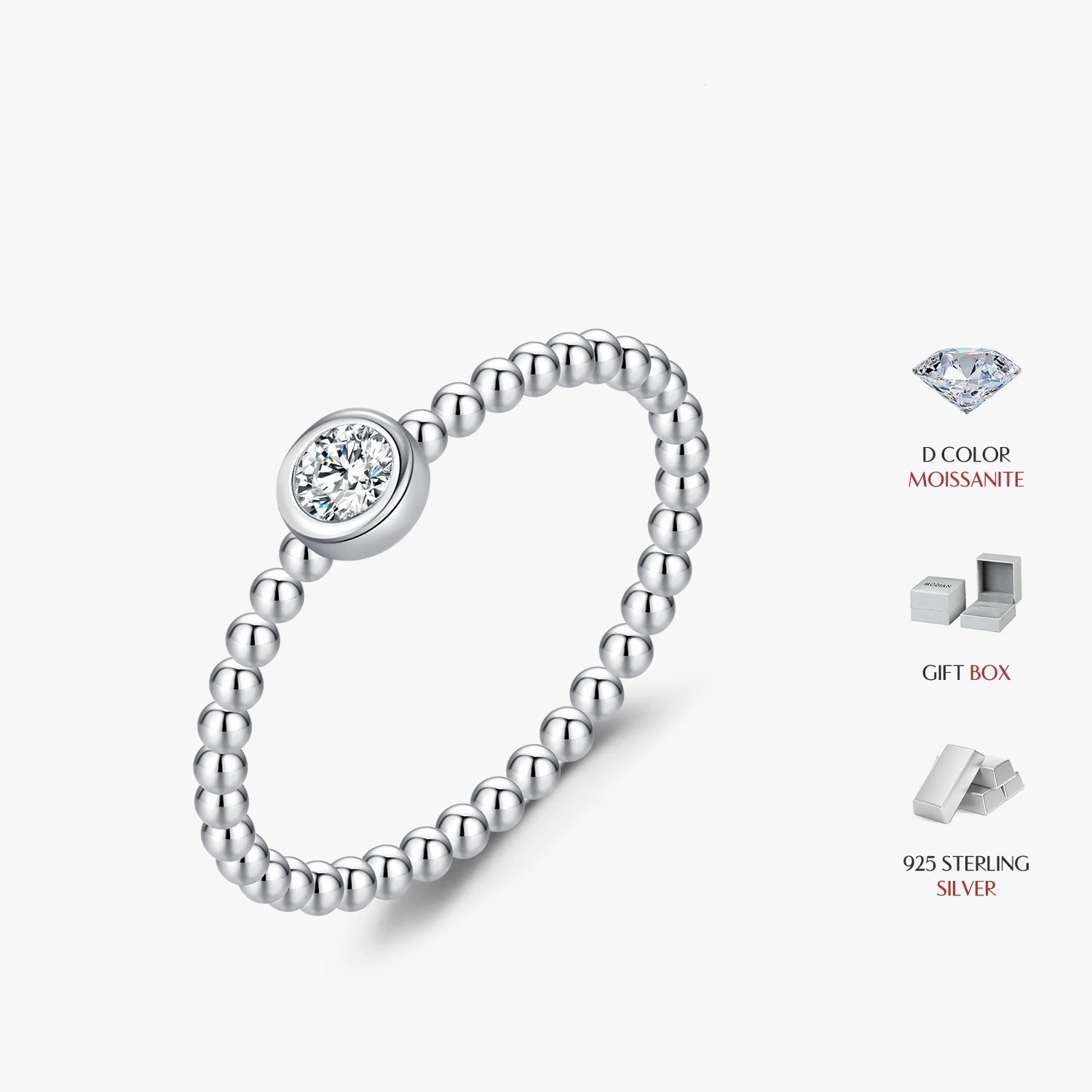 Stackable ring design featuring moissanite diamonds on a silver ring