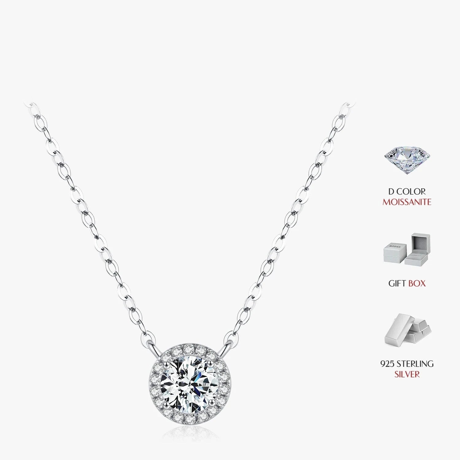Sterling silver necklace featuring a halo moissanite pendant