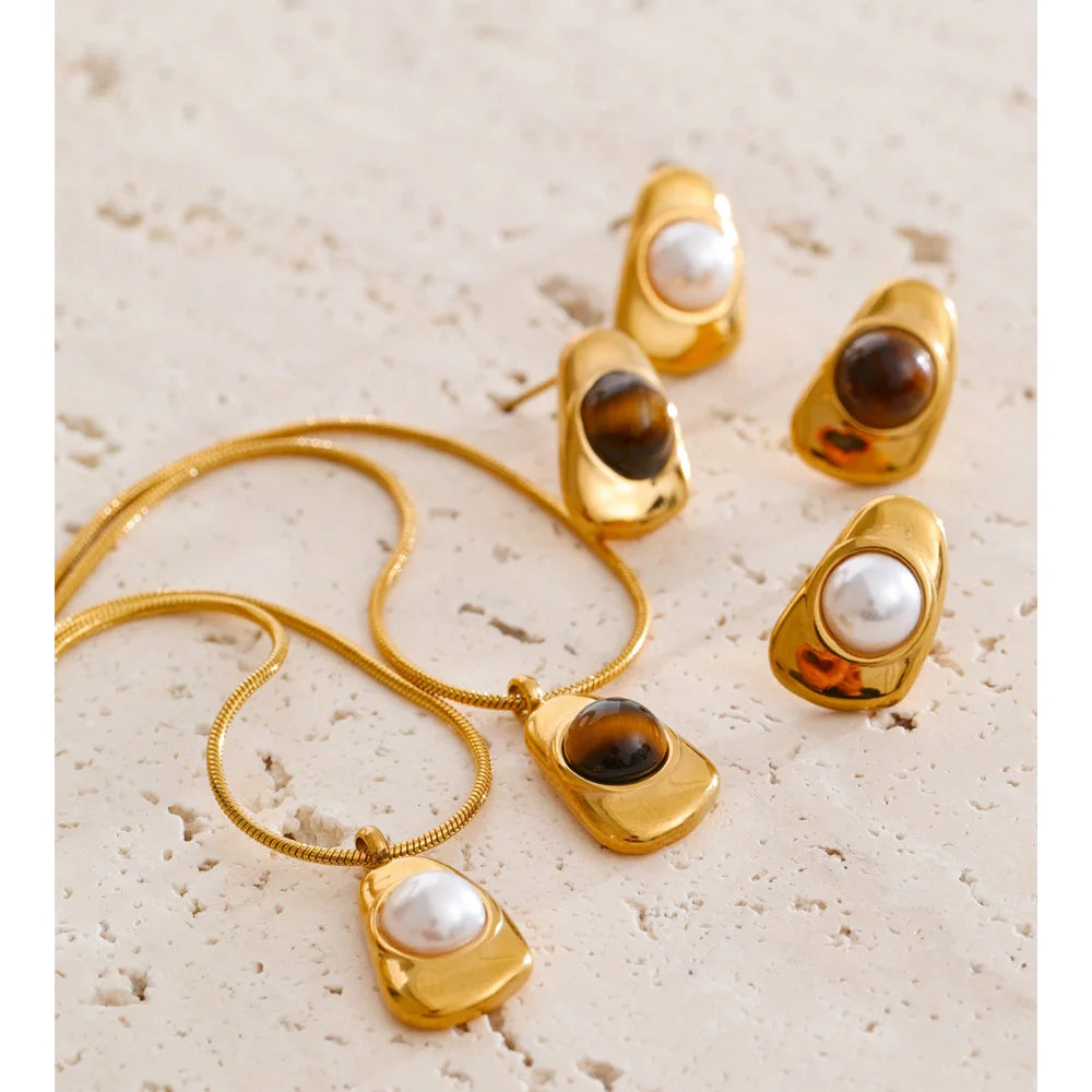 Necklace and necklace styling with necklace pearl accents and warm tiger eye stone