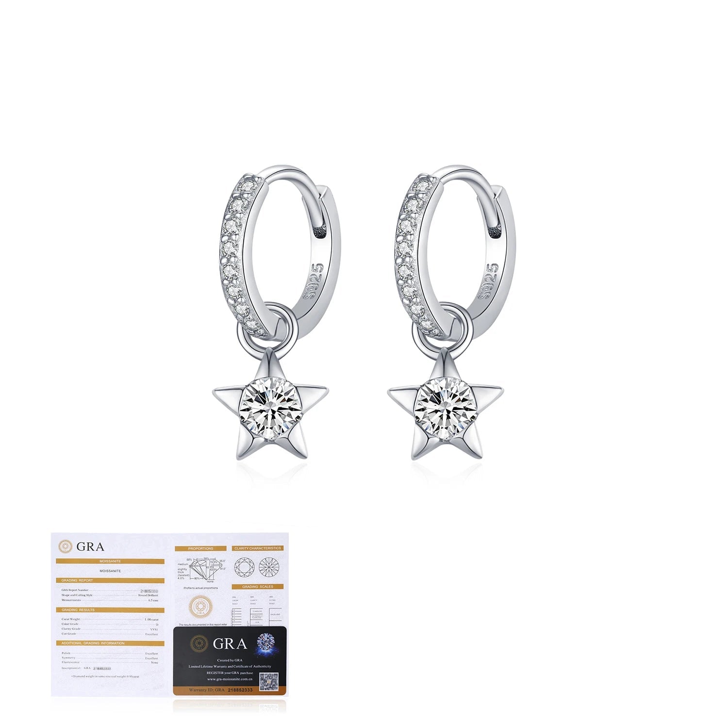 Minimal flatlay of sterling silver star earrings with moissanite jewelry glow