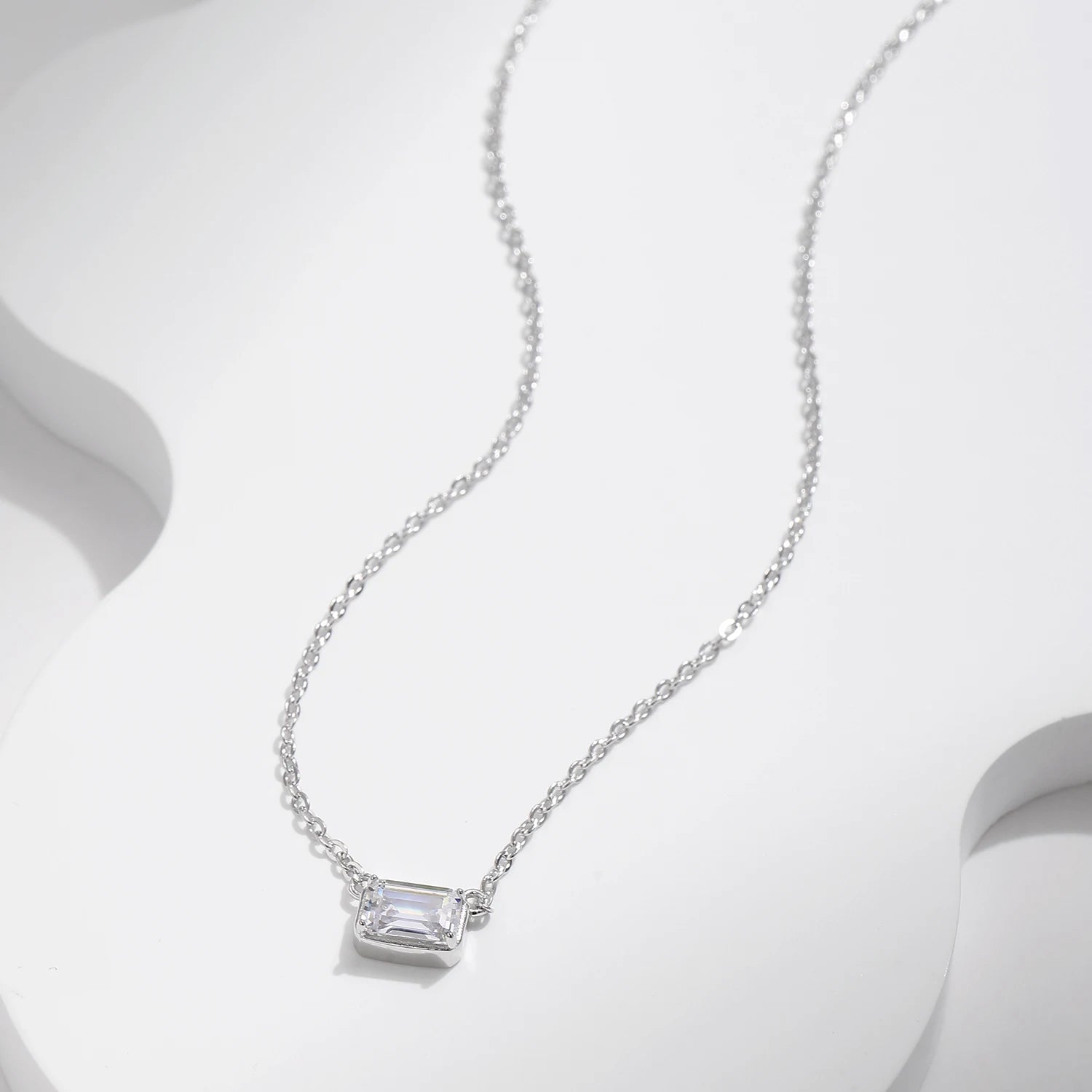 Geometric rectangle CZ pendant necklace with polished silver