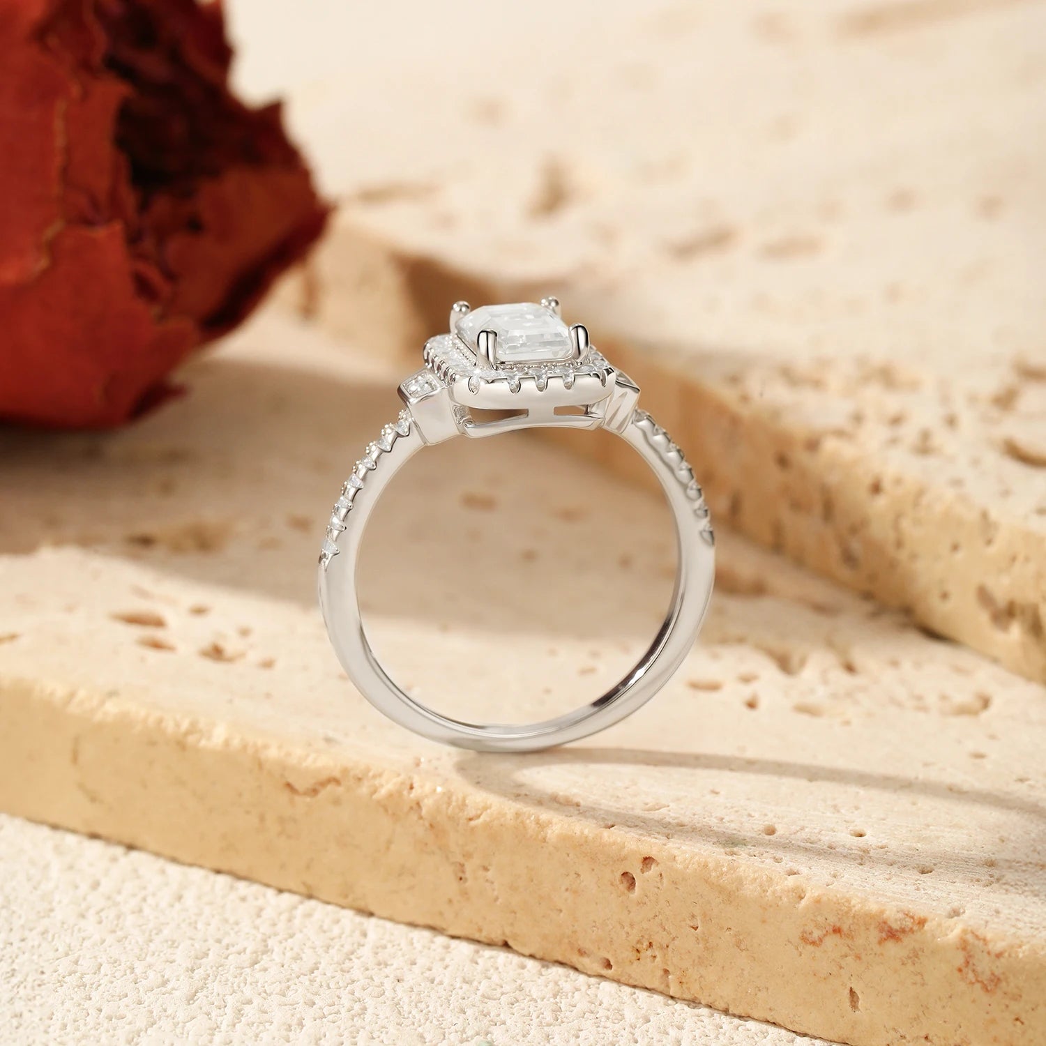 Sterling silver ring size band with emerald cut moissanite