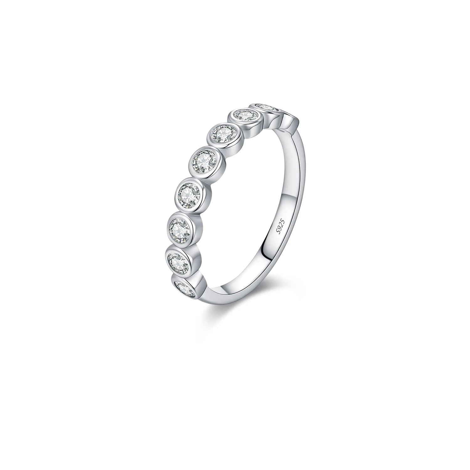 D color moissanite eternity ring in polished 925 sterling silver