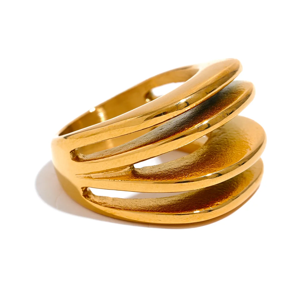 Gold ring geometric hollow wide design in stainless steel ring
