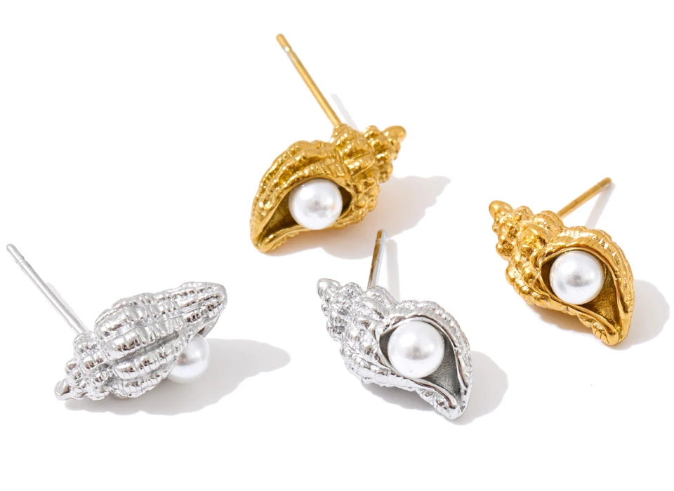 Waterproof jewelry pearl studs with warm golden tone